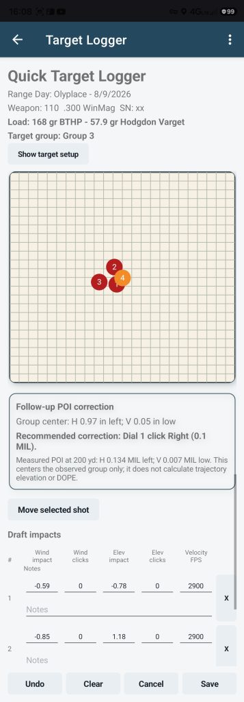 Target logger with shot group and correction