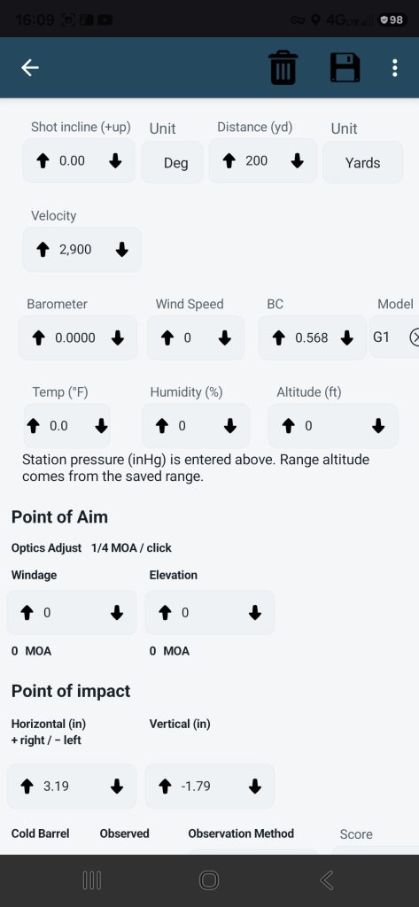 Ballistic calculation inputs and point of impact